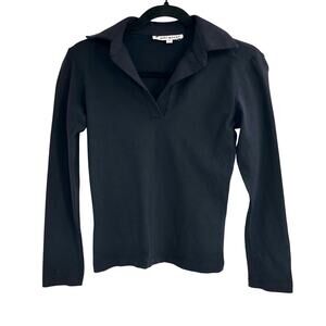 Collezione Black Collared Blouse Split Neck 100% Cotton Made in USA Stretch S